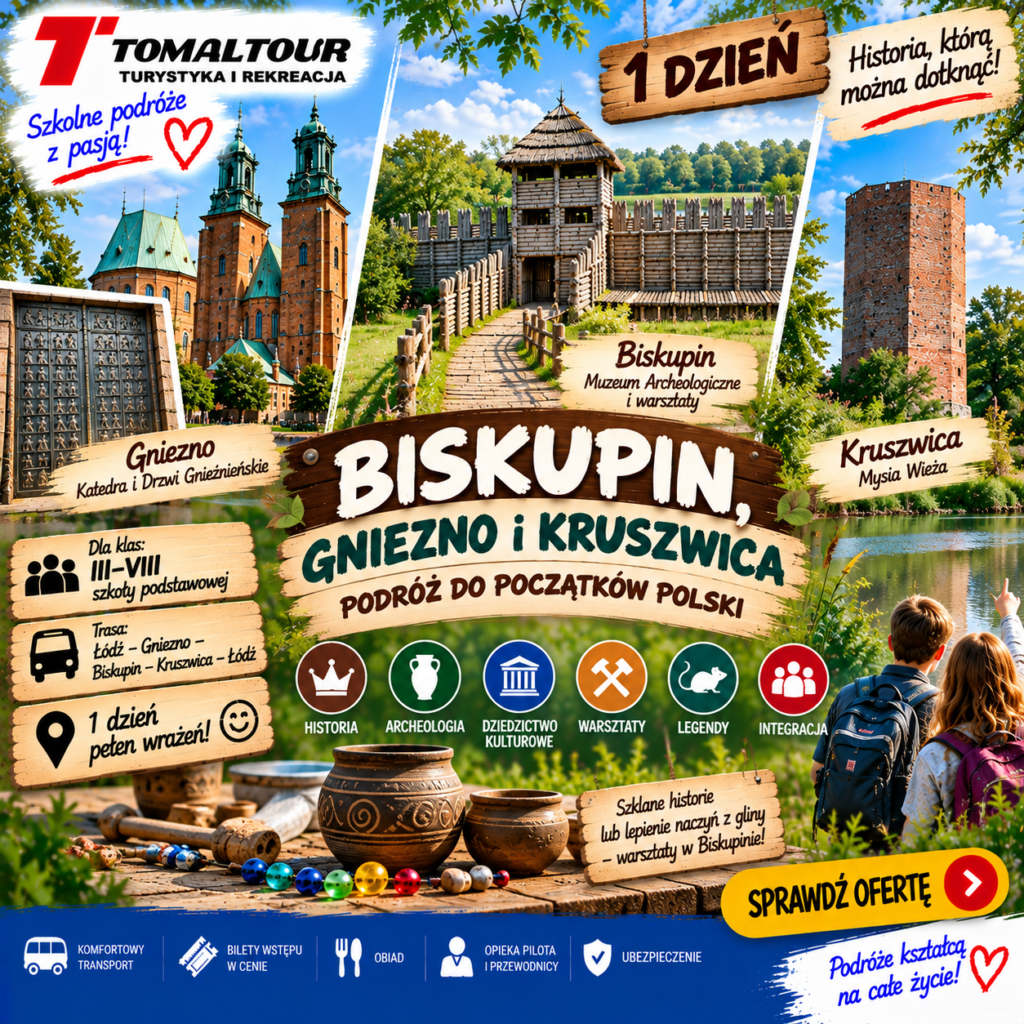 Plakat wycieczki 1 DZIEŃ – BISKUPIN, GNIEZNO I KRUSZWICA – PODRÓŻ DO POCZĄTKÓW POLSKI