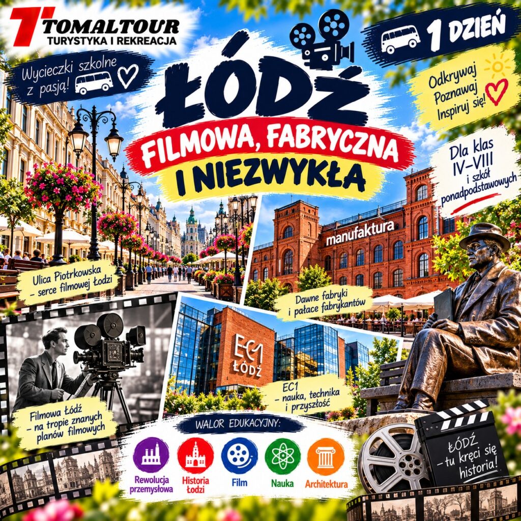 Plakat wycieczki 1 DZIEŃ – ŁÓDŹ – FILMOWA, FABRYCZNA I NIEZWYKŁA