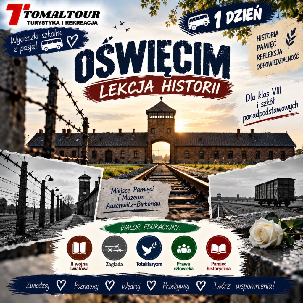 Plakat wycieczki 1 DZIEŃ – OŚWIĘCIM – LEKCJA HISTORII