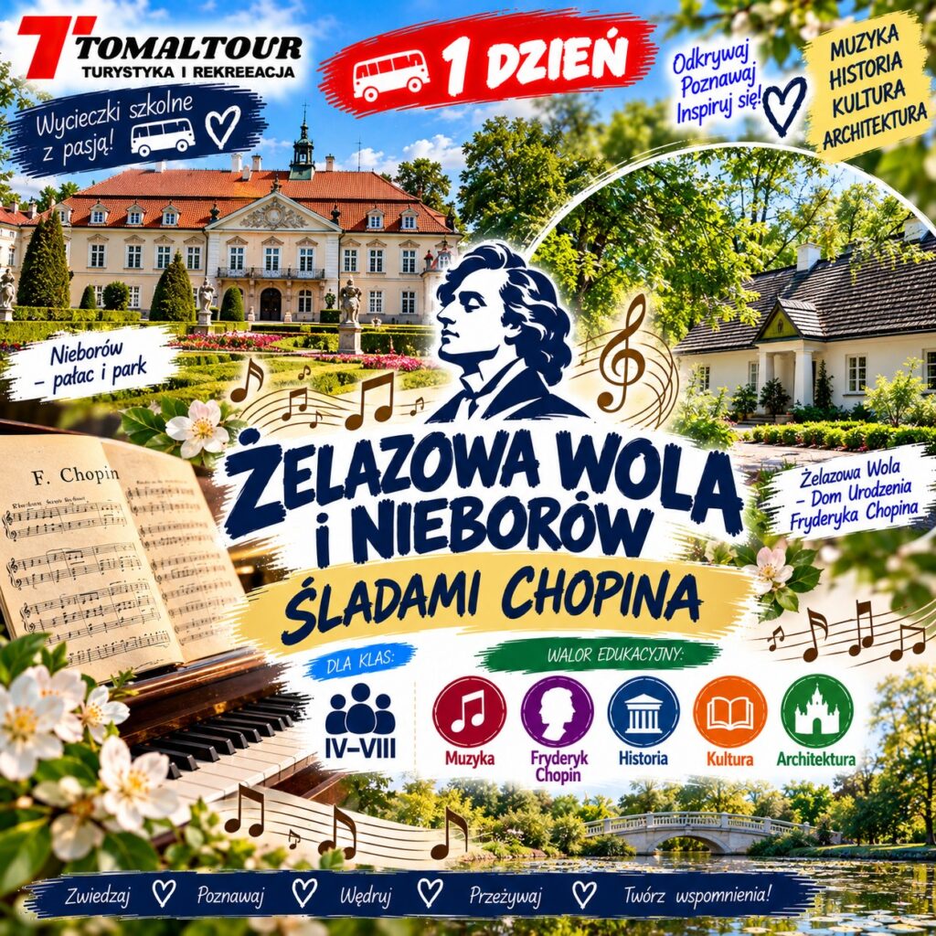 Plakat wycieczki 1 DZIEŃ – ŻELAZOWA WOLA I NIEBORÓW – ŚLADAMI CHOPINA