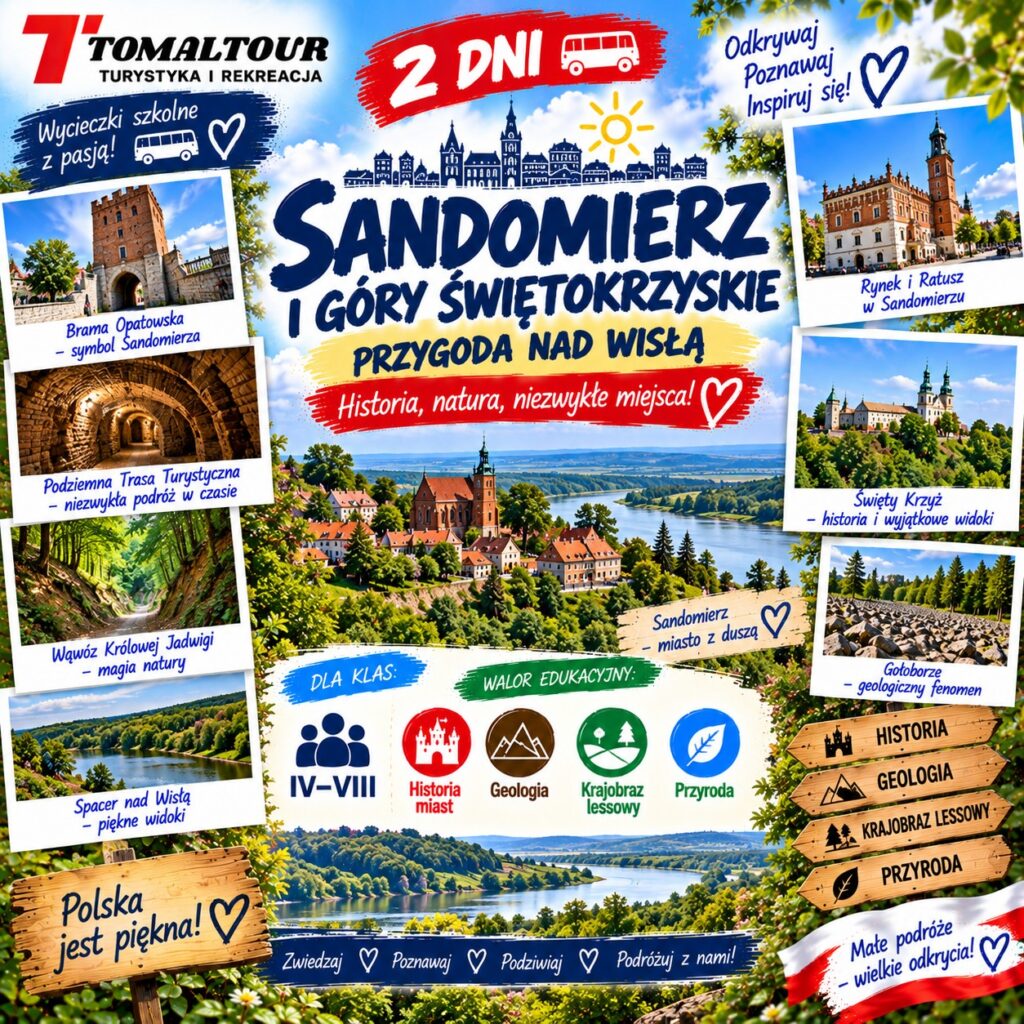 Plakat wycieczki 2 dni – Sandomierz i Góry Świętokrzyskie – Przygoda nad Wisłą