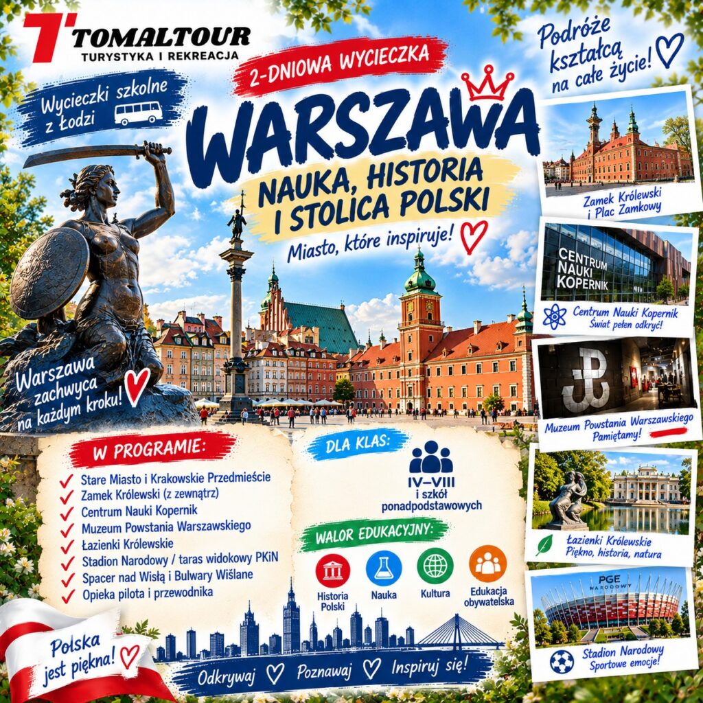 Plakat wycieczki 2 DNI – WARSZAWA – NAUKA, HISTORIA I STOLICA POLSKI