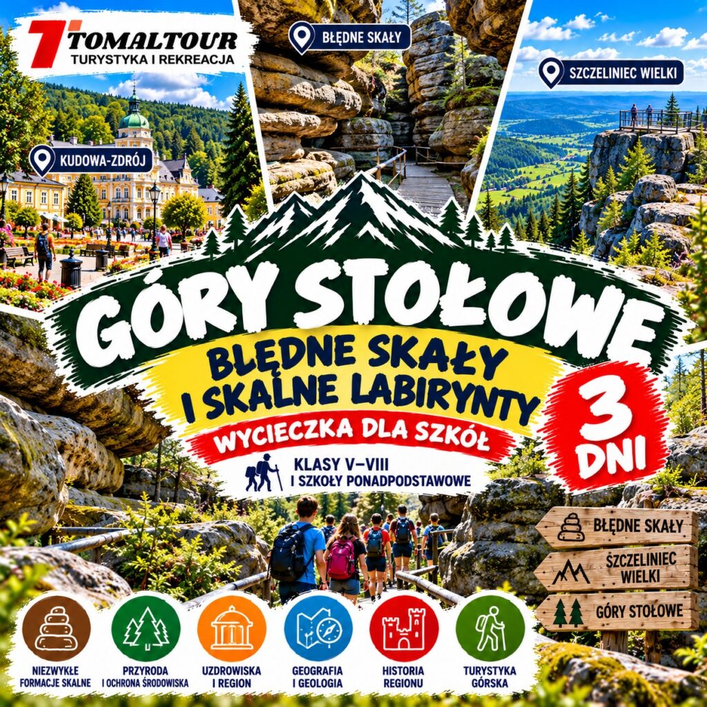Plakat wycieczki 3 DNI – GÓRY STOŁOWE – BŁĘDNE SKAŁY I SKALNE LABIRYNTY