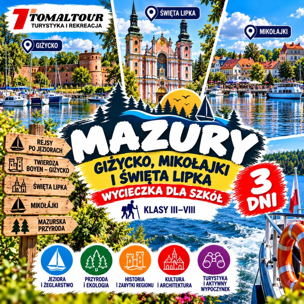 Plakat wycieczki 3 DNI – MAZURY – GIŻYCKO, MIKOŁAJKI I ŚWIĘTA LIPKA
