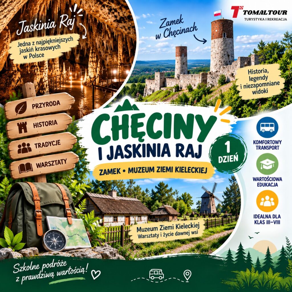 Plakat wycieczki 1 DZIEŃ – CHĘCINY, JASKINIA RAJ, ZAMEK, MUZEUM ZIEMII KIELECKIEJ