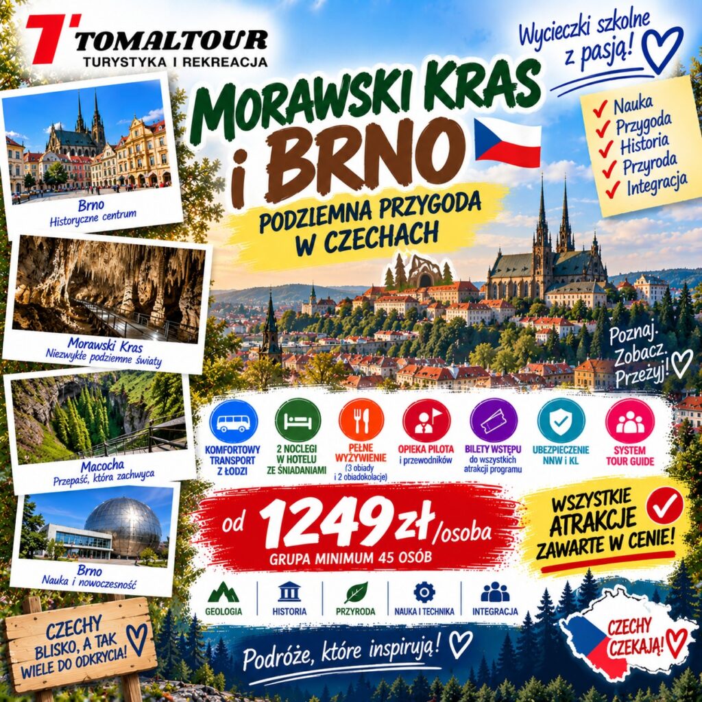 Plakat wycieczki 3 DNI – MORAWSKI KRAS I BRNO – PODZIEMNA PRZYGODA W CZECHACH