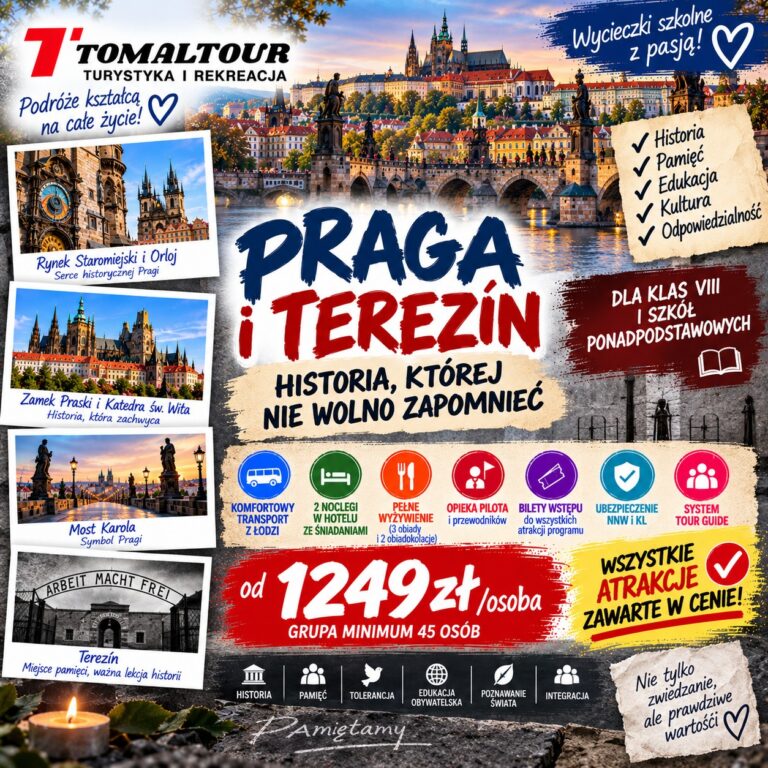 Plakat wycieczki 3 DNI – PRAGA I TEREZÍN – HISTORIA, KTÓREJ NIE WOLNO ZAPOMNIEĆ