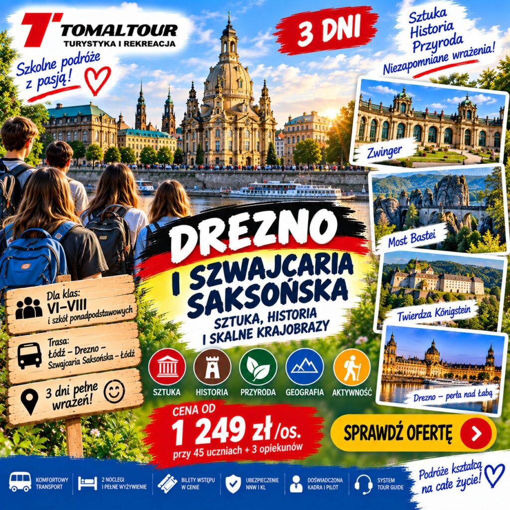 Plakat wycieczki 3 DNI – DREZNO I SZWAJCARIA SAKSOŃSKA – SZTUKA, HISTORIA I SKALNE KRAJOBRAZY